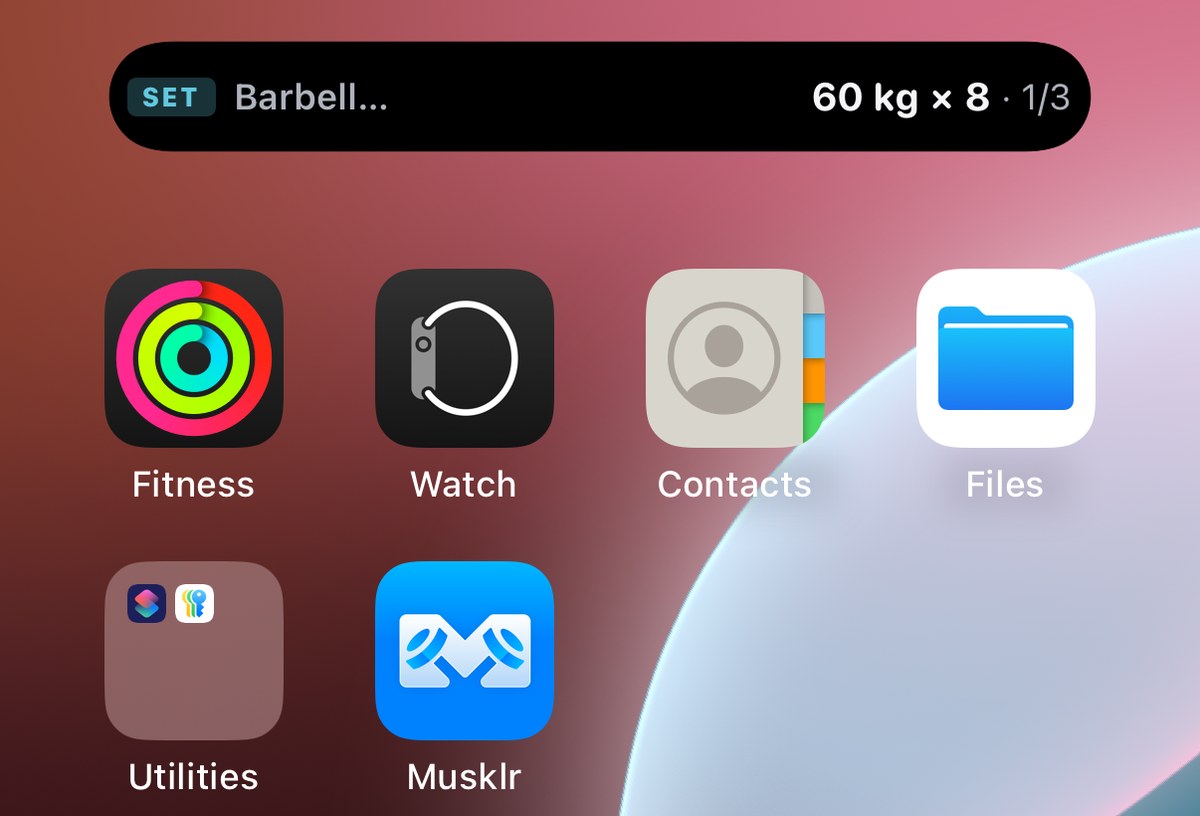 Musklr workout tracker in the compact Dynamic Island showing the current set.