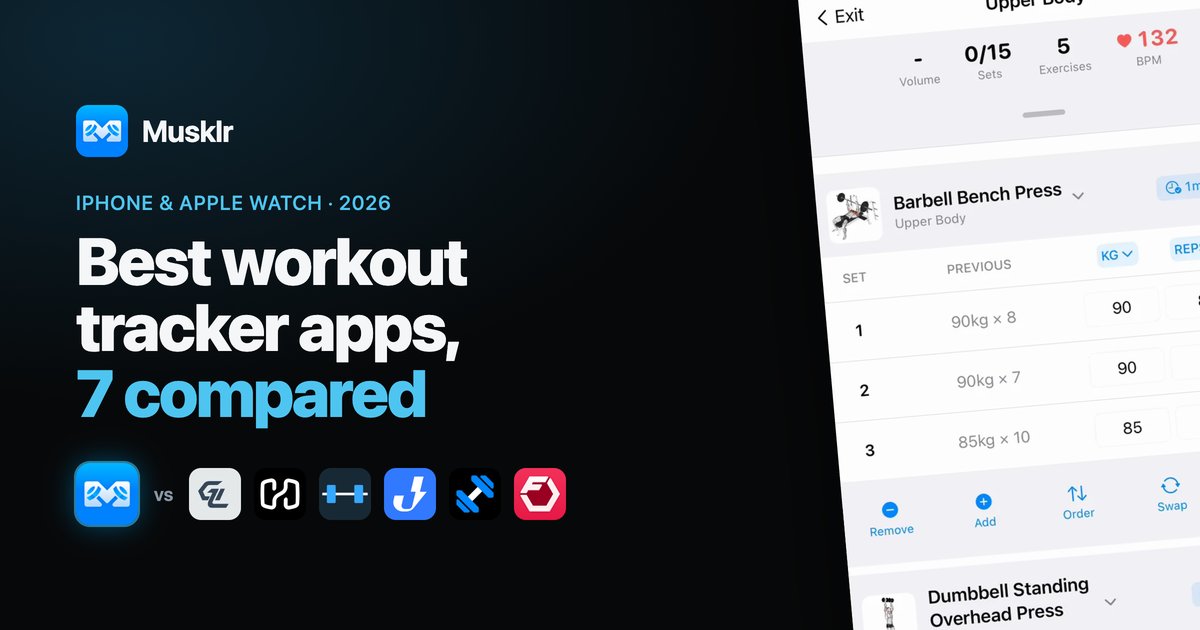 Musklr logging a set on iPhone, next to the six apps it is compared with.