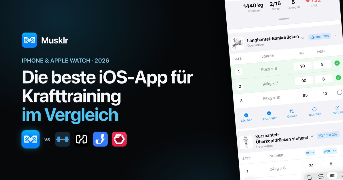 Musklr im Vergleich mit Strong, Hevy, Jefit und Fitbod auf iPhone und Apple Watch.