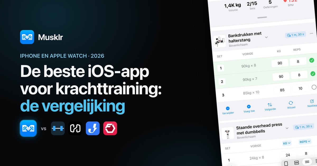 Musklr vergeleken met Strong, Hevy, Jefit en Fitbod op iPhone en Apple Watch.