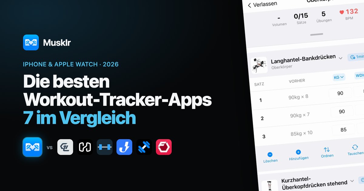 Musklr beim Loggen eines Satzes auf dem iPhone, neben den sechs Apps, mit denen sie verglichen wird.