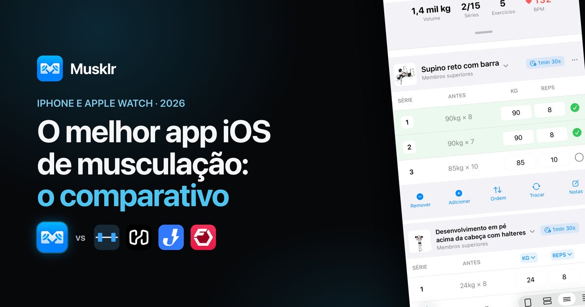 Musklr comparado com Strong, Hevy, Jefit e Fitbod no iPhone e no Apple Watch.