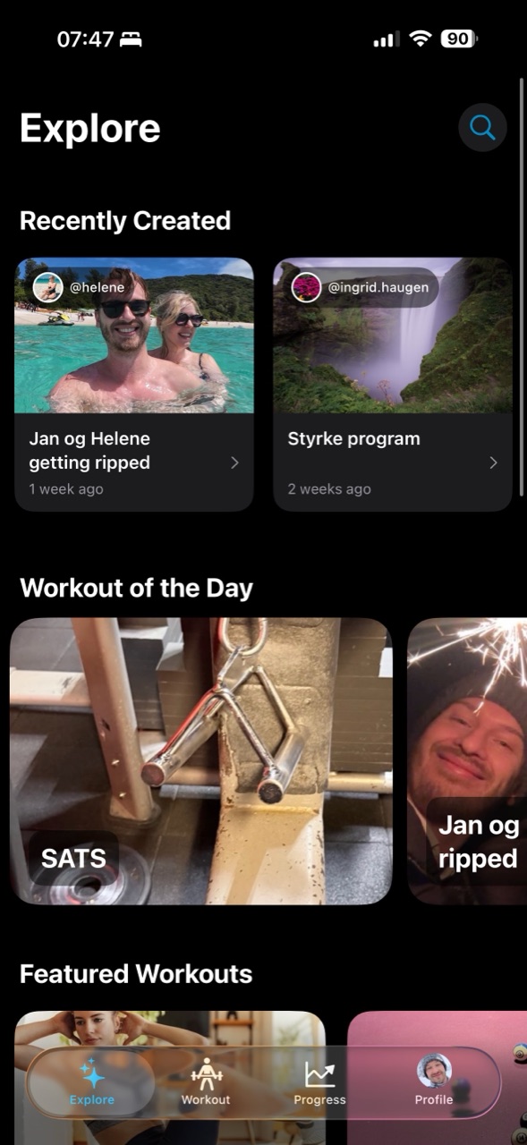 Musklr Explore feed showing recently created workouts and friend profiles