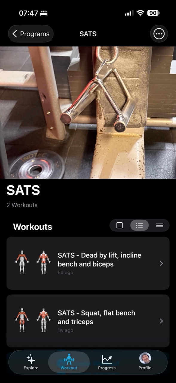 Musklr SATS program with workouts list and muscle thumbnails