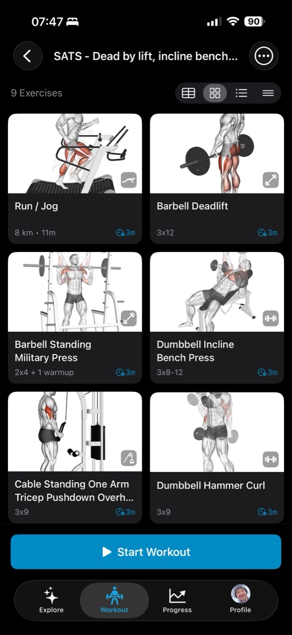 Musklr exercise grid with anatomy thumbnails for each lift