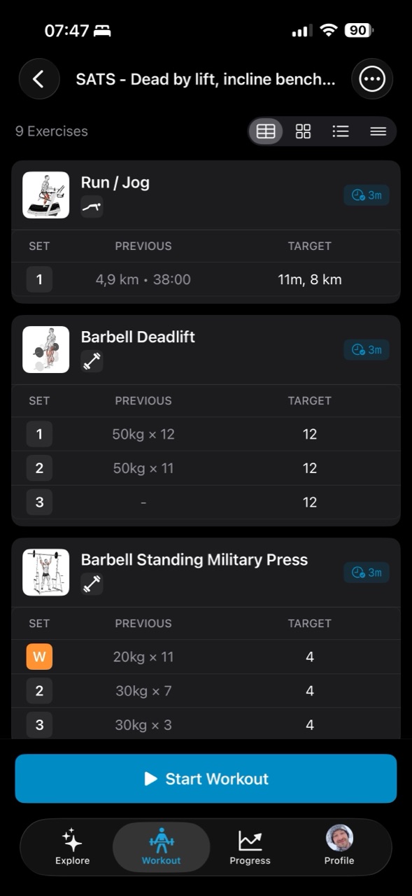 Musklr exercise list with set, previous and target columns