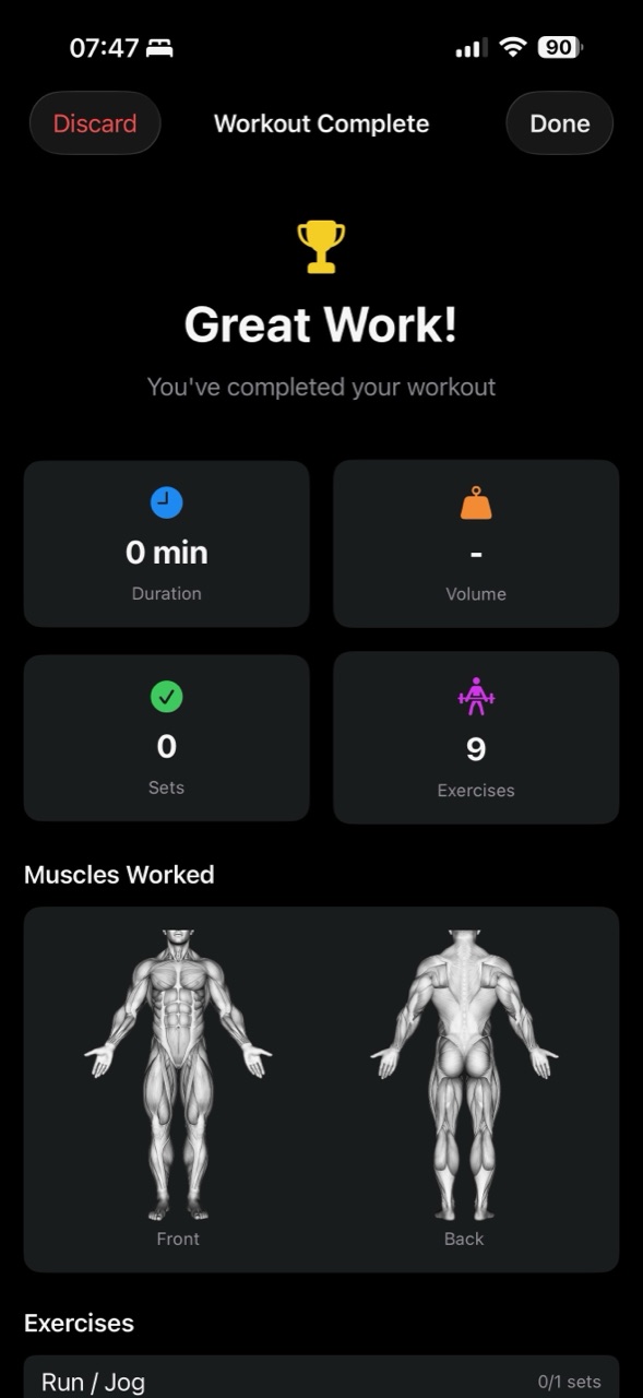 Musklr workout complete screen with trophy and muscles worked diagram