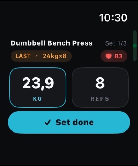 Musklr aktiv sett på Apple Watch — Dumbbell Bench Press