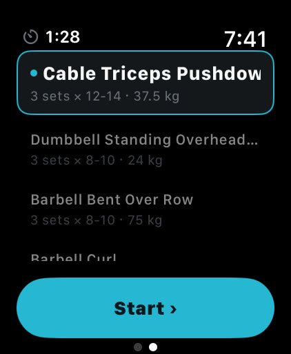 Musklr exercise list on Apple Watch between exercises: Cable Triceps Pushdown V Bar Attachment selected, 3 sets of 12 to 14 at 37.5 kg, with a Start button