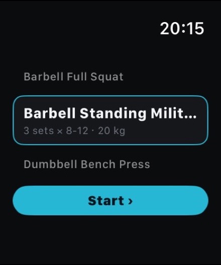 Musklr øvelses-velger på Apple Watch — Standing Military Press valgt, Start-knapp