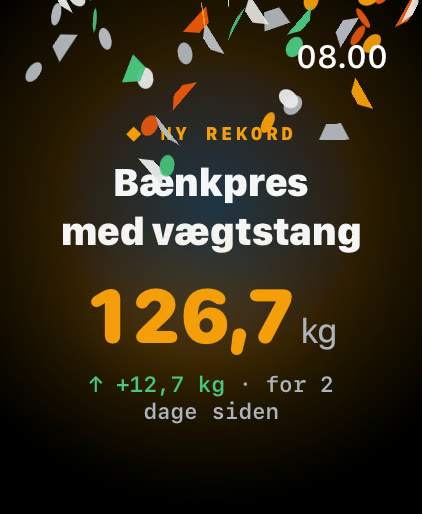 Skærmen Ny rekord i Musklr på Apple Watch: Bænkpres med vægtstang, 126,7 kg, 12,7 kg mere end før