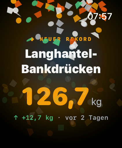Neuer Rekord in Musklr auf der Apple Watch: Langhantel-Bankdrücken, 126,7 kg, 12,7 kg mehr