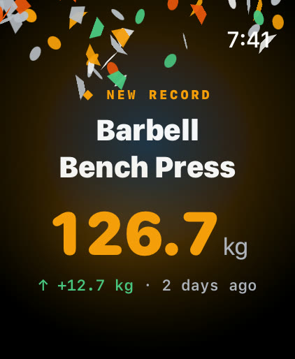 Musklr new record screen on Apple Watch: Barbell Bench Press, 126.7 kg, up 12.7 kg