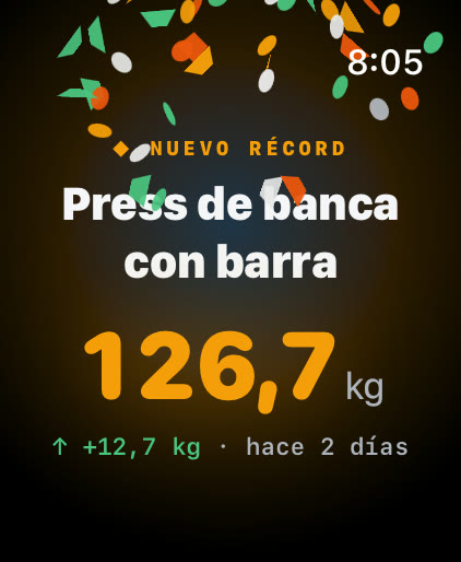 Pantalla de nuevo récord de Musklr en Apple Watch: Press de banca con barra, 126,7 kg, 12,7 kg más