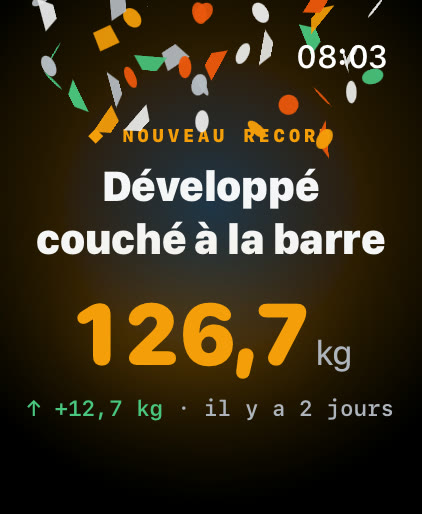 Écran de nouveau record Musklr sur Apple Watch : Développé couché à la barre, 126,7 kg, soit 12,7 kg de plus