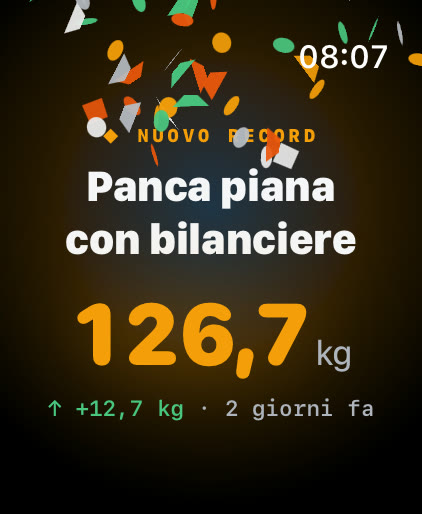 Schermata Nuovo record di Musklr su Apple Watch: Panca piana con bilanciere, 126,7 kg, 12,7 kg in più