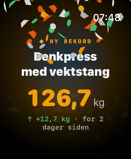 Ny rekord i Musklr på Apple Watch: Benkpress med vektstang, 126,7 kg, opp 12,7 kg