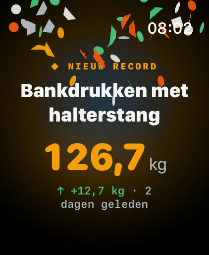 Scherm Nieuw record van Musklr op Apple Watch: Bankdrukken met halterstang, 126,7 kg, 12,7 kg erbij