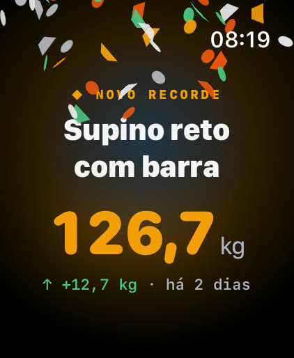 Tela de novo recorde do Musklr no Apple Watch: Supino reto com barra, 126,7 kg, 12,7 kg a mais