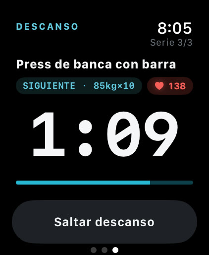 Temporizador de descanso de Musklr en Apple Watch: quedan 1:09, siguiente serie 85 kg y 10 reps, frecuencia cardiaca 138