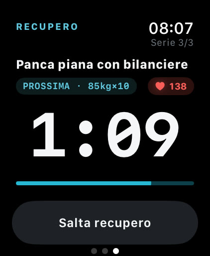Timer di recupero di Musklr su Apple Watch: mancano 1:09, prossima serie 85 kg per 10 ripetizioni, frequenza cardiaca 138