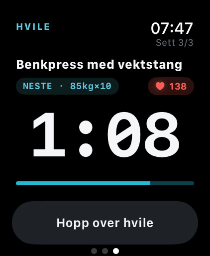 Hviletiden i Musklr på Apple Watch: 1:08 igjen, neste sett 85 kg og 10 reps, puls 138