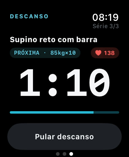 Timer de descanso do Musklr no Apple Watch: faltam 1:10, próxima série com 85 kg e 10 repetições, frequência cardíaca 138
