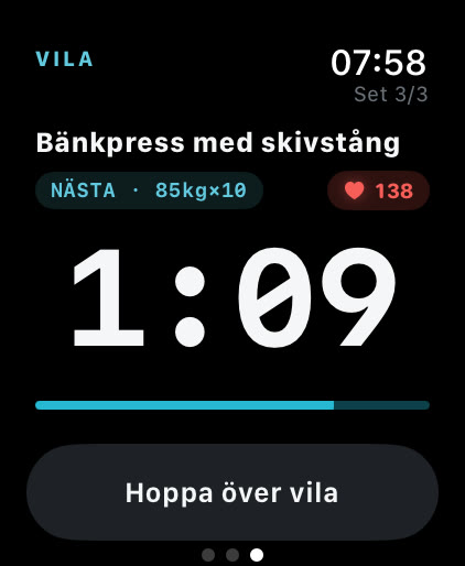 Musklrs vilotimer på Apple Watch: 1:09 kvar, nästa set 85 kg och 10 reps, puls 138