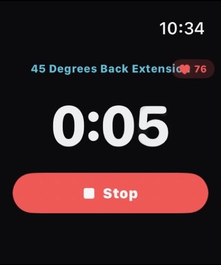 Musklr tidsbestemt øvelse på Apple Watch — 45 Degrees Back Extension, 0:05 forløpt, puls 76