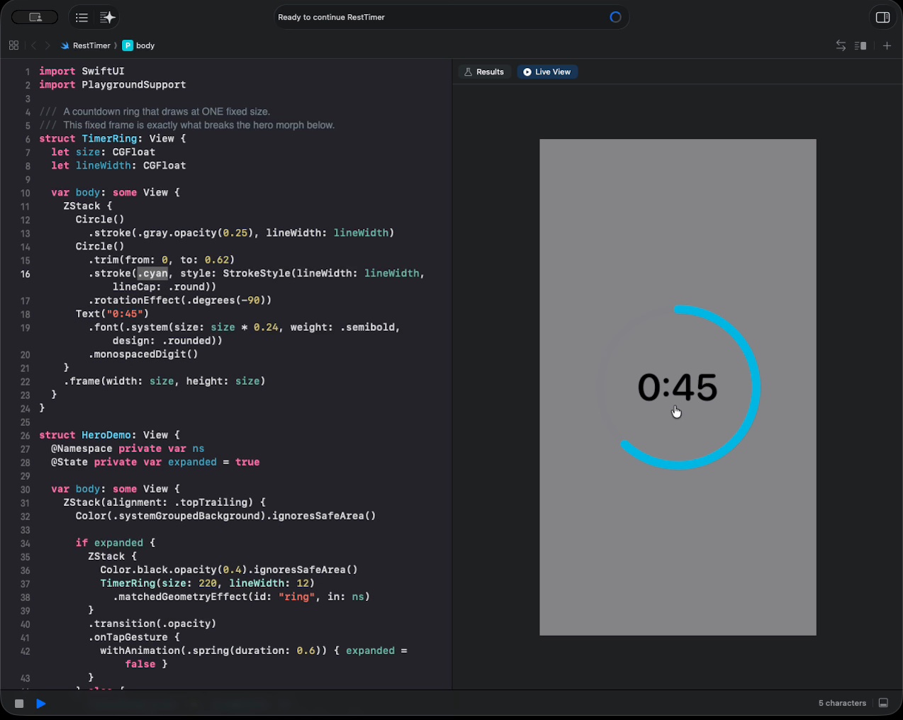 The tutorial code in an Xcode playground beside the live view, showing the full screen countdown ring on the dimmed overlay.