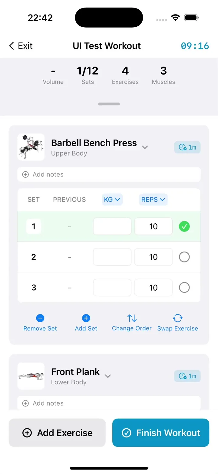 Musklr's mini rest timer expanding from the stats bar back into the full screen countdown.