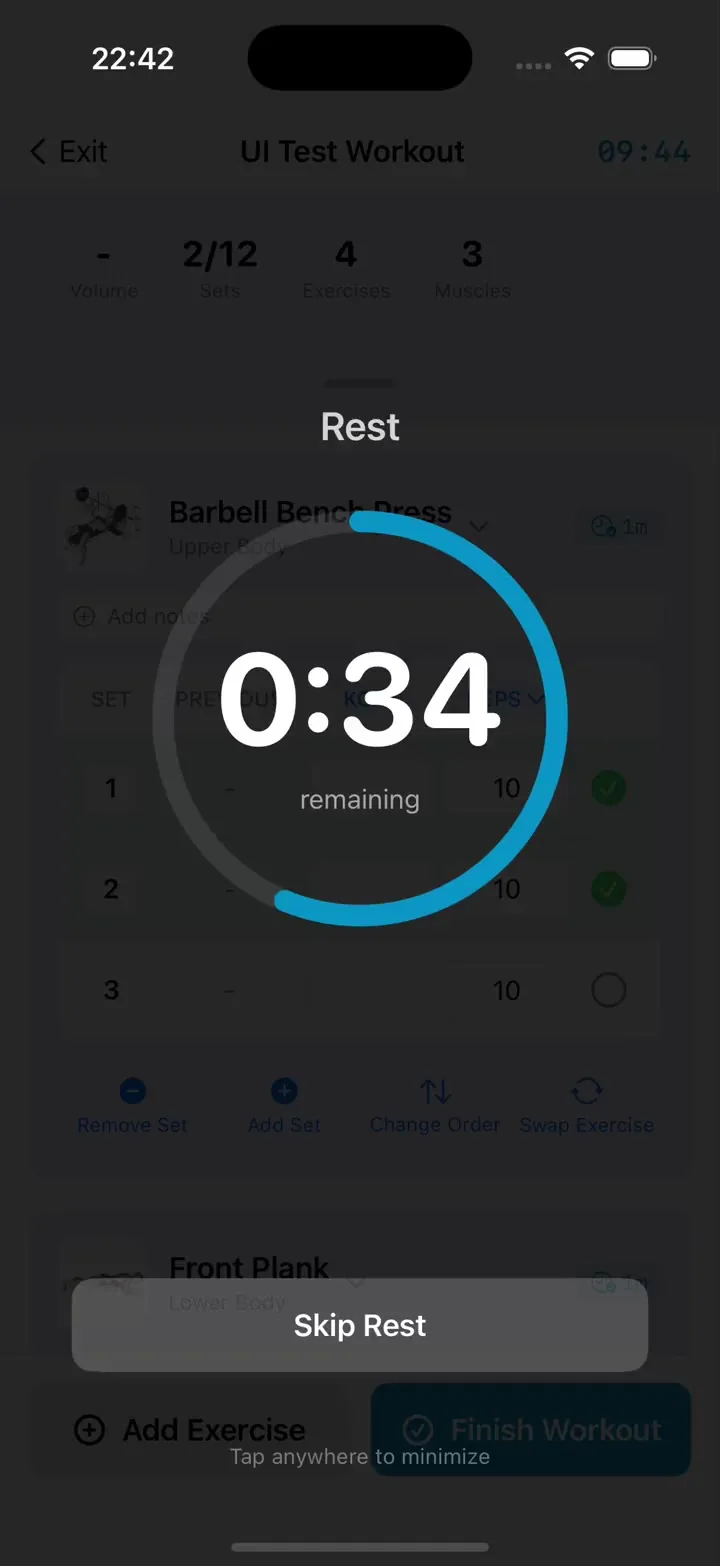 Musklr's rest timer shrinking from a full screen countdown into the mini timer in the stats bar.